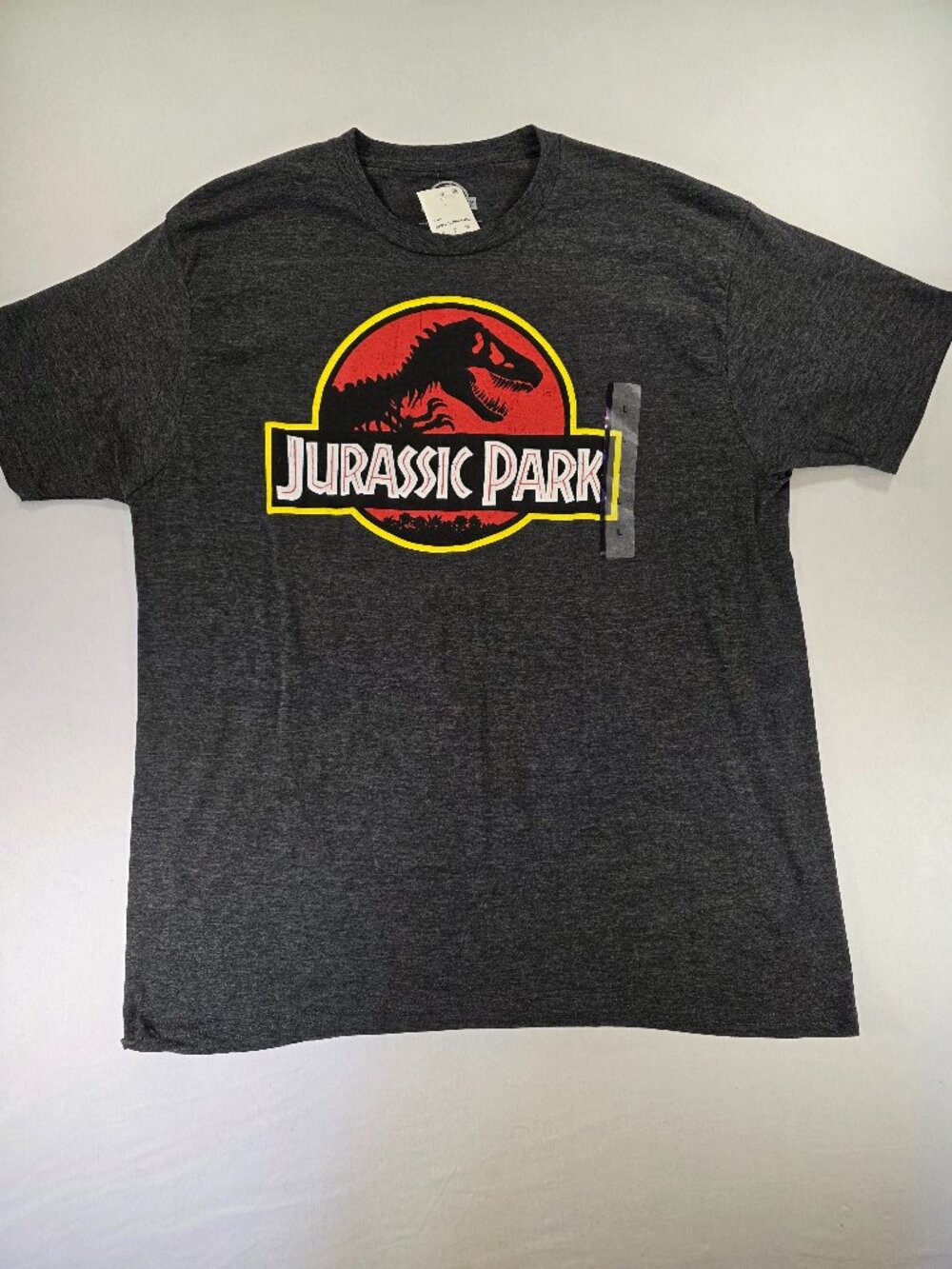 Jurassic Park Graphic T-Shirt Gray Short Sleeve T-Rex Logo Movie Tee Men's Large